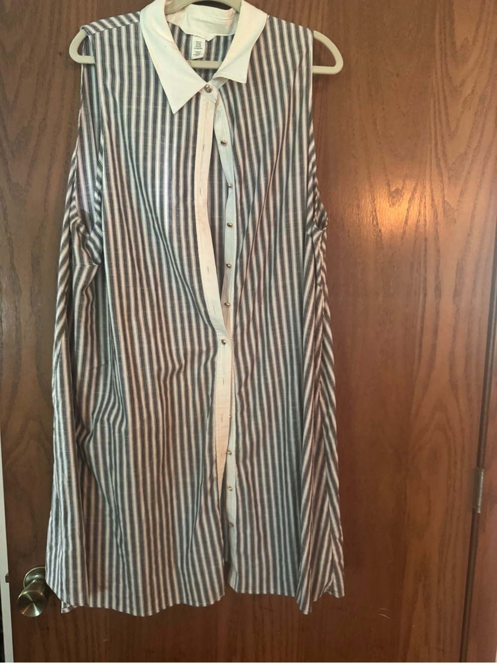 H&M Blue & White Sleeveless Striped Button-Down Shirt Dress